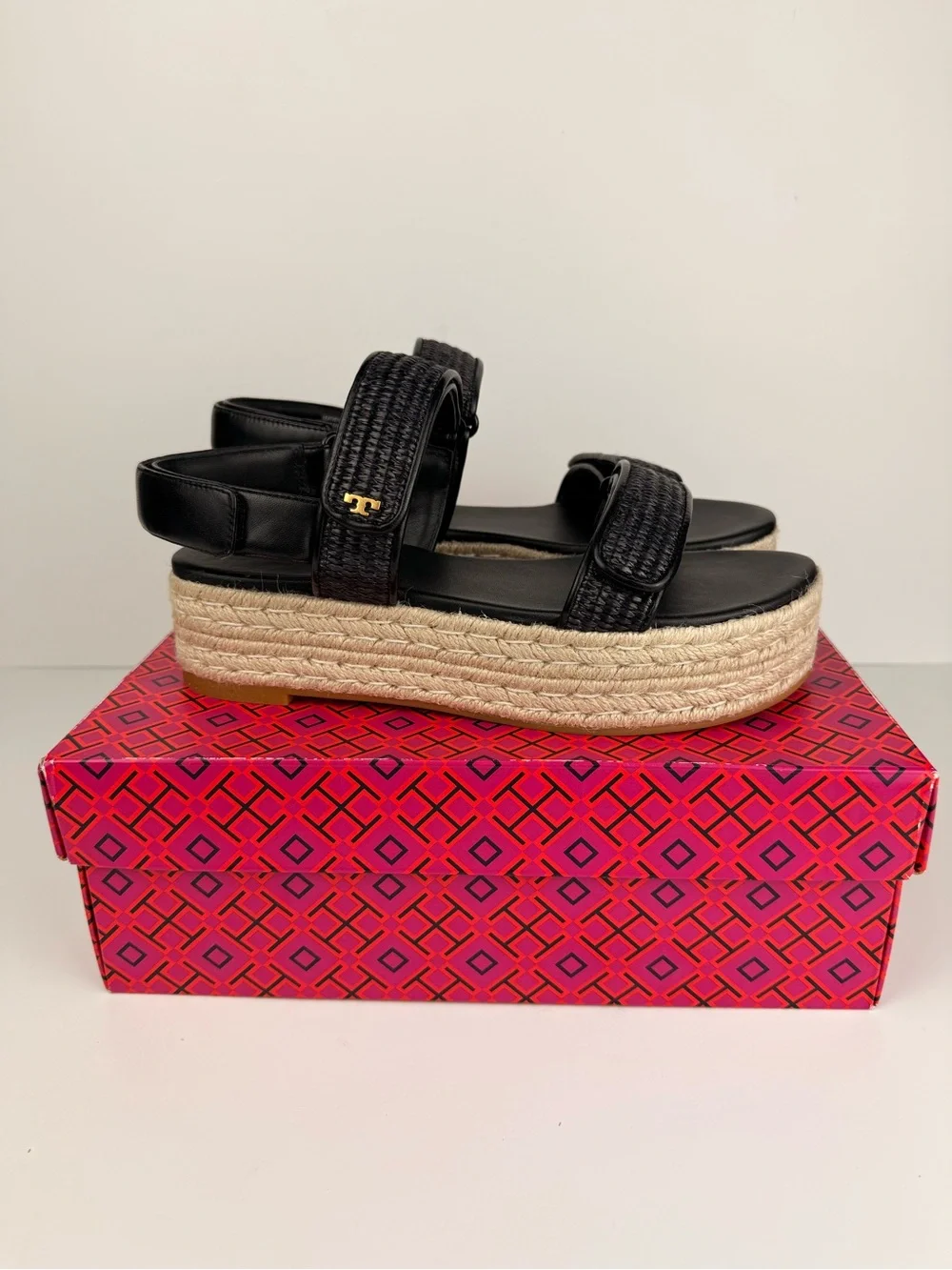 Tory Burch Diego Sport Espadrille Sandals Perfect Black Raffia Platform 8 READ